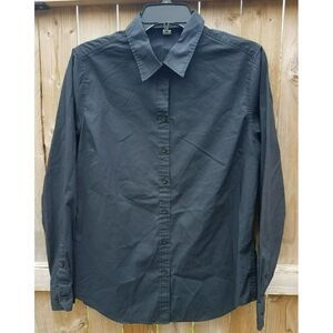 Juniors Medium Port Authority Button Down Shirt Top Long Sleeve Black Waitress